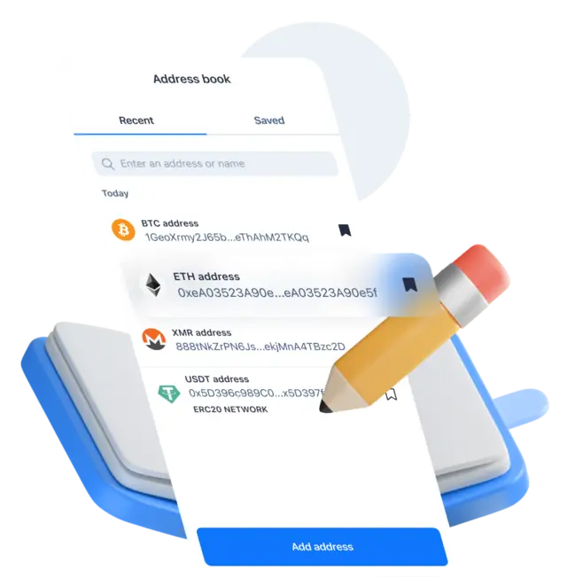 Pantalla de la libreta de direcciones de la app móvil de SimpleSwap con las direcciones guardadas y recientes