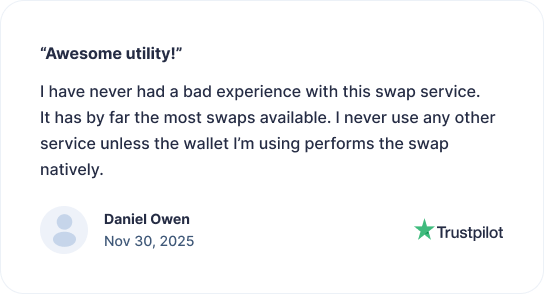 Trustpilot review by Daniel Owen, dated Nov 30, 2025, praising SimpleSwap's reliability and wide range of available swaps.