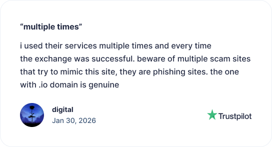 Trustpilot review by user digital, dated Jan 30, 2026, describing repeated successful exchanges and a warning about phishing lookalike sites.